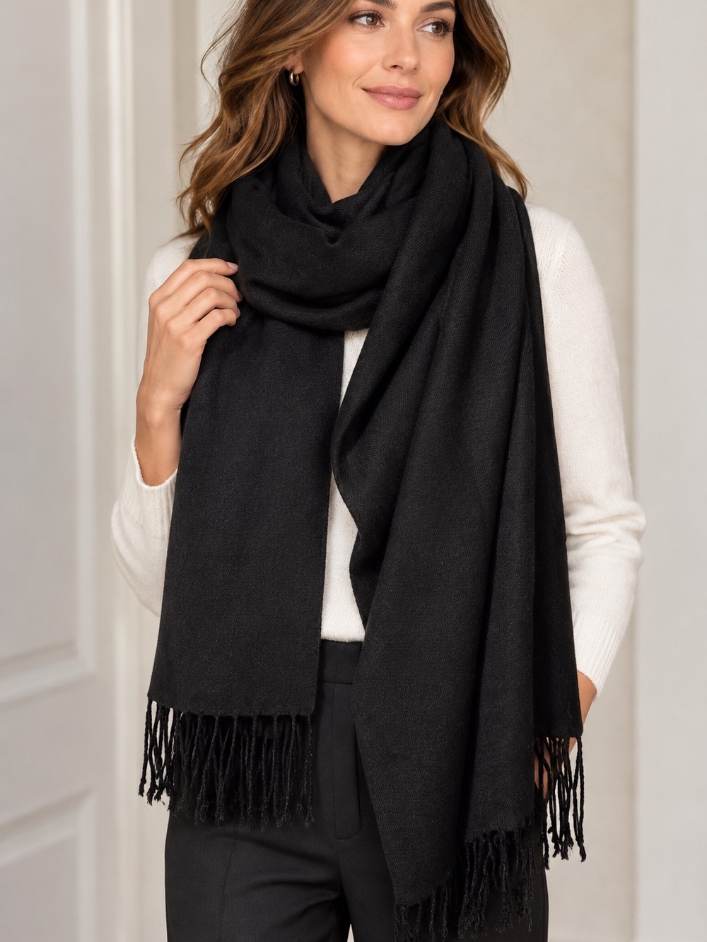 Pashmina Style Black Fringe Wrap Sgawl Scarf 27"x78"  Soft Minimalist